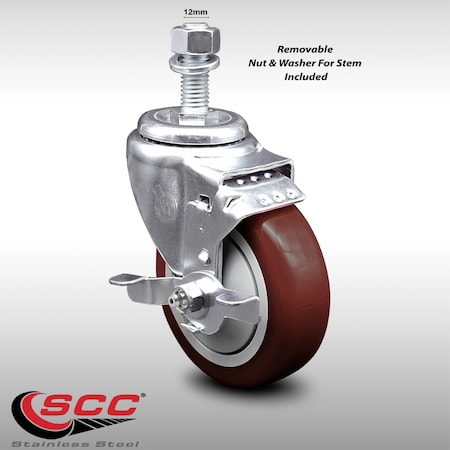 Service Caster 4 Inch SS Maroon Polyurethane Swivel 12mm Threaded Stem Caster Brake SCC SCC-SSTS20S414-PPUB-MRN-TLB-M1215